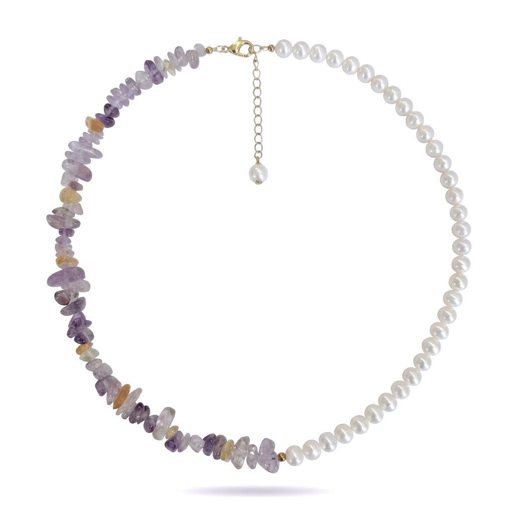 Amethyst crystal and natural pearl statement necklace from the Starlight Crystal Pearl Collection