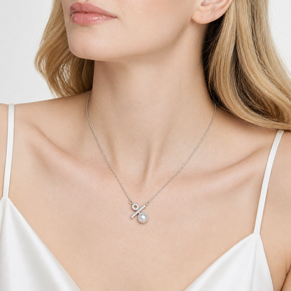 Akoya Pearl Pendant Necklace – Geometric Pearl Necklace with Diamond Accents