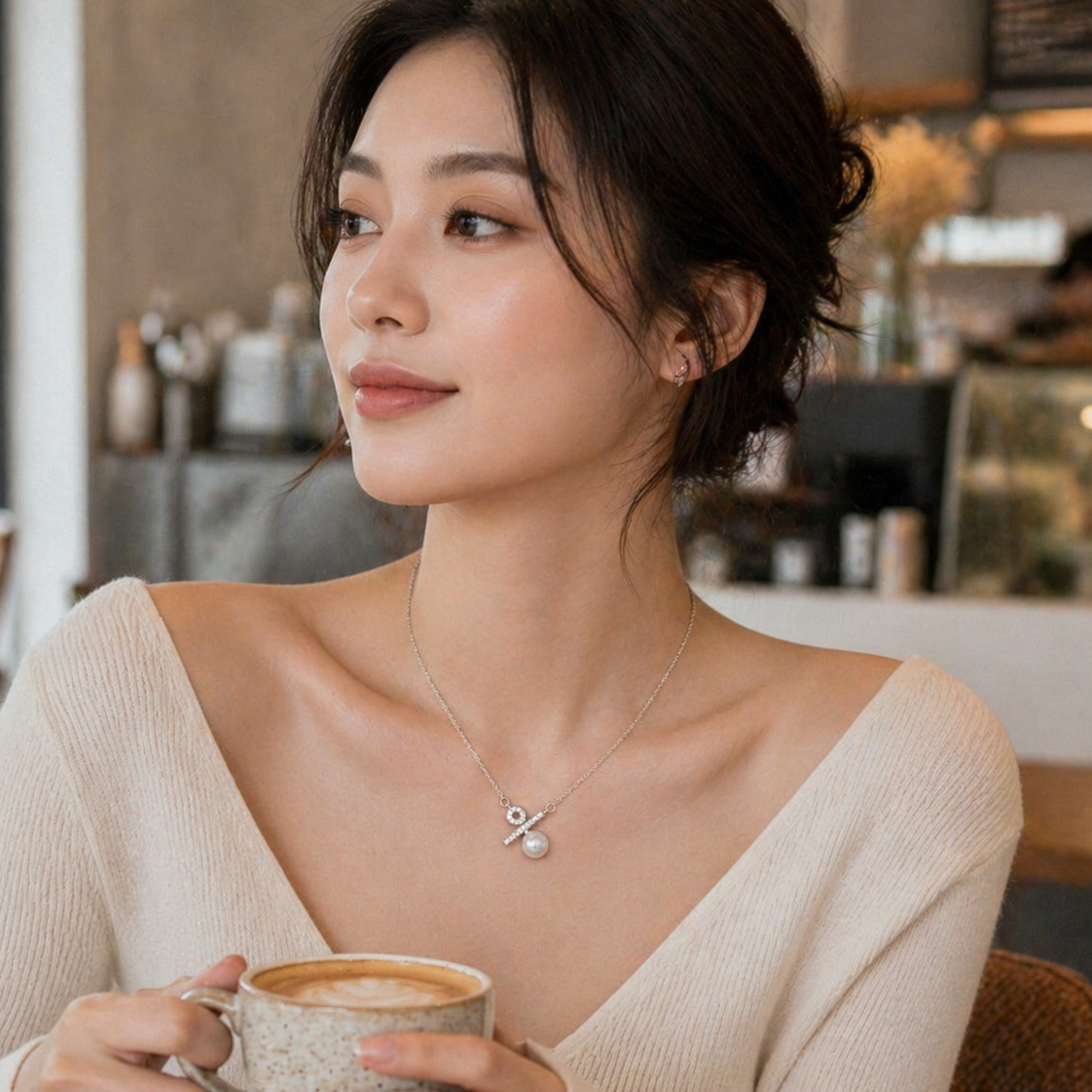Akoya Pearl Pendant Necklace – Geometric Pearl Necklace with Diamond Accents