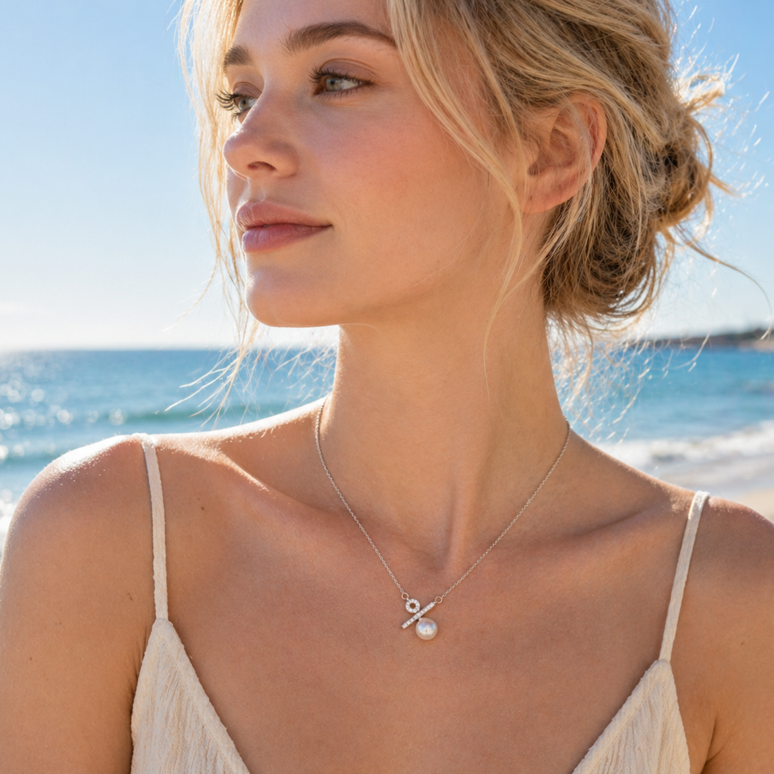 Akoya Pearl Pendant Necklace – Geometric Pearl Necklace with Diamond Accents