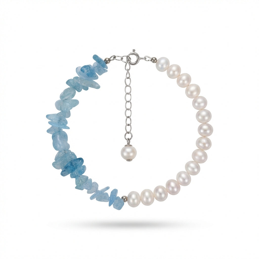 Aquamarine crystal and natural pearl bracelet from the Starlight Crystal Pearl Collection